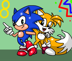 Size: 636x542 | Tagged: safe, artist:mileytailsprower, miles "tails" prower, sonic the hedgehog, abstract background, arm on shoulder, blue fur, duo, heels, mouth open, peach fur, pointing, rings, smile, white fur, yellow fur