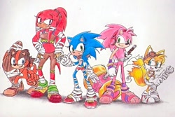 Size: 764x511 | Tagged: safe, artist:skydragonelements, amy rose, knuckles the echidna, miles "tails" prower, sonic the hedgehog, sticks the badger, bandana, belt, boomerang, dress, gender swap, goggles, hands on hips, headphones, looking at viewer, necklace, piko piko hammer, shorts, simple background, smile, sonic boom (tv), spanner, team boom, white background