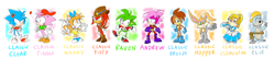 Size: 9291x1983 | Tagged: safe, artist:thegreatrouge, amy rose, antoine d'coolette, bunnie rabbot, knuckles the echidna, miles "tails" prower, rotor walrus, sally acorn, scourge the hedgehog, sonia the hedgehog, sonic the hedgehog, belt, blue gloves, blue shoes, bodysuit, boots, bow, brown gloves, classic, classic amy, classic knuckles, classic sonic, classic tails, cyborg, dress, earring, eyeshadow, fan, freedom fighters, gender swap, hat, jacket, lidded eyes, looking offscreen, necklace, shirt