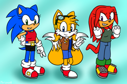 Size: 1800x1200 | Tagged: safe, knuckles the echidna, miles "tails" prower, sonic the hedgehog, arm behind back, aviator jacket, belt, clenched fists, clenched teeth, flight jacket, gender swap, goggles, gradient background, hand on hip, jacket, looking at viewer, pants, ponytails, shirt, shorts, team sonic, team sonica