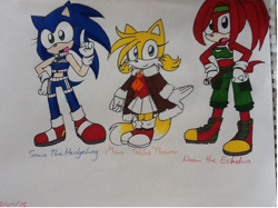 Size: 946x709 | Tagged: safe, artist:ilovesweetiebelle, knuckles the echidna, miles "tails" prower, sonic the hedgehog, aviator jacket, belt, fangs, flight jacket, gender swap, gloves, hair over one eye, hand on hip, hands on hips, headband, jacket, looking at viewer, mouth open, pointing, ponytail, ponytails, shorts, simple background, skirt, team sonic, team sonica, tie, white background