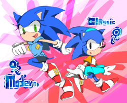 Size: 700x568 | Tagged: safe, artist:jongar8, sonic the hedgehog, abstract background, belt, blue fur, classic sonic, clenched fist, gender swap, gloves, green eyes, headband, jacket, looking at viewer, modern sonic, mouth open, running, shorts, skipping, skirt, smile