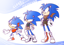Size: 1000x700 | Tagged: safe, artist:thegreatrouge, sonic the hedgehog, oc, oc:clear the hedgehog, abstract background, bandana, boom sonic, boots, bow, classic sonic, frown, gender swap, gloves, looking up, modern sonic, shirt, shoes, shorts, smile, trio