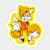 Size: 630x630 | Tagged: safe, artist:jinkthetactician, miles "tails" prower, fox, arm behind back, fluffy, gender swap, grey background, hair over one eye, hair pin, jumper, looking at viewer, mouth open, pointing, simple background, solo, standing, sticker