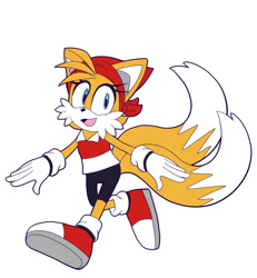 Size: 1000x1080 | Tagged: safe, artist:spd64, miles "tails" prower, bandana, gender swap, happy, looking offscreen, mouth open, running, shirt, shorts, simple background, solo, white background