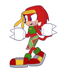 Size: 1000x1080 | Tagged: safe, artist:spd64, knuckles the echidna, angry, bandage, clenched fists, crop top, gender swap, headband, looking ahead, looking offscreen, mouth open, shorts, simple background, skirt, walking, white background