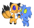 Size: 600x492 | Tagged: safe, artist:furgemancs, oc, oc:monty the hedgehog, oc:tony the fox, chao, blue fur, blue scelera, chaoified, chibi, cute, green sclera, happy, holding hands, mouth open, oc only, orange fur, simple background, three tails, transparent background