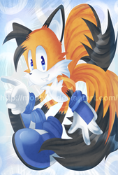 Size: 1181x1748 | Tagged: safe, artist:mayomiccxz, oc, oc:tony the fox, fox, abstract background, black fur, blue eyes, blue gloves, blue shoes, looking at viewer, oc only, orange fur, pointing, solo, three tails, traced, white fur