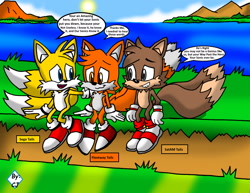Size: 2200x1700 | Tagged: safe, artist:frostthehobidon, miles "tails" prower, blue eyes, brown fur, clenched teeth, dialogue, fleetway tails, grass, grey eyes, hand on shoulder, island, looking at each other, modern tails, mountain, mouth open, ocean, orange eyes, sad, satam tails, self paradox, sitting, smile, speech bubble, sun
