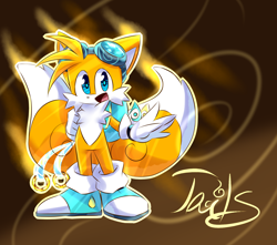 Size: 1700x1500 | Tagged: safe, artist:y-firestar, miles "tails" prower, abstract background, backpack, blue shoes, goggles, looking at viewer, mouth open, redesign, rings, spirit of the sky