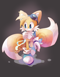 Size: 1200x1521 | Tagged: safe, artist:y-firestar, miles "tails" prower, backpack, blue shoes, blushing, frown, goggles, grey background, redesign, rings, simple background, spirit of the sky