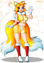 Size: 842x1191 | Tagged: suggestive, artist:witchking00, miles "tails" prower, human, abstract background, blushing, boots, crop jacket, fox ears, fox tail, furry collar, gender swap, gloves, humanized, looking at viewer, open mouth, shorts, socks, solo, two tails, waving
