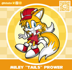 Size: 1920x1874 | Tagged: safe, artist:vedember, miles "tails" prower, abstract background, dress, gender swap, hat, looking at viewer, qr code, scarf, smile, watermark