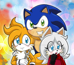 Size: 1280x1123 | Tagged: safe, artist:silveralchemist09, miles "tails" prower, sonic the hedgehog, oc, oc:ookami the wolf, wolf, black bands, black gloves, blushing, clenched teeth, deviantart watermark, hair over one eye, hand on shoulder, looking at viewer, mouth open, red scarf, scarf, shirt, spanner, trio