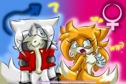 Size: 1024x683 | Tagged: safe, artist:silveralchemist09, miles "tails" prower, oc, oc:ookami the wolf, confused, floppy ears, gender swap, hair over one eye, jacket, looking at each other, mouth open, shocked, wtf?