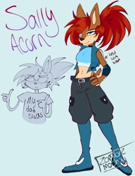 Size: 1574x2048 | Tagged: safe, artist:zombiemocha, sally acorn, hair over one eye, redesign, words on a shirt