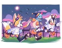 Size: 2048x1575 | Tagged: safe, artist:lou_lubally, charmy bee, cheese (chao), cream the rabbit, miles "tails" prower, bat, chao, costume, eyes closed, flying, grass, group, halloween, moon, nighttime, open mouth, outdoors, pointing, running, smile, star (sky), star (symbol), trick or treat