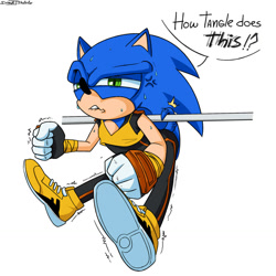 Size: 1280x1280 | Tagged: safe, artist:thedarkshadow1990, sonic the hedgehog, dialogue, outfit swap, solo, tail lift, tangle's running suit