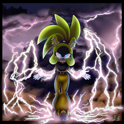 Size: 1245x1245 | Tagged: safe, artist:mamajebbun, surge the tenrec, electricity, looking at viewer, nighttime, solo
