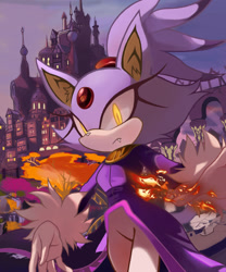 Size: 1000x1200 | Tagged: safe, artist:blazykun, blaze the cat, abstract background, castle, glowing eyes, looking at viewer, one fang, solo