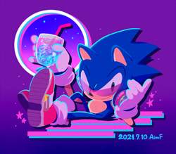 Size: 900x787 | Tagged: safe, artist:aimf0324, sonic the hedgehog, goggles, headphones, solo, vaporwave