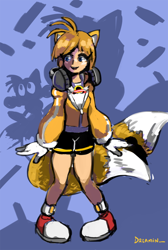 Size: 500x746 | Tagged: safe, artist:ipoststuffaboutfast, miles "tails" prower, human, abstract background, black shorts, blue eyes, fox ears, fox tail, gender swap, gloves, happy, headphones, humanized, jacket, looking offscreen, mouth open, necklace, red sneakers, shorts, signature, socks, solo, sonic title screen banner, two tails, white gloves, white socks, white tipped shoes, white tipped tail, yellow jacket