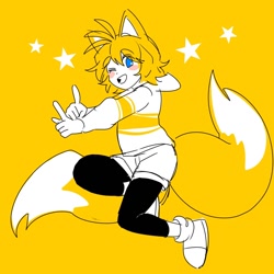 Size: 1200x1200 | Tagged: safe, artist:ntcn, miles "tails" prower, human, blue eyes, blushing, flying, fox ears, fox tail, gender swap, gloves, happy, hoodie, humanized, looking at viewer, pointing, shorts, simple background, smile, sneakers, socks, solo, star (symbol), two tails, wink, yellow background