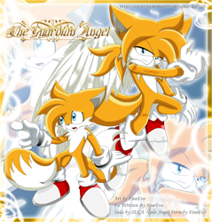 Size: 1200x1256 | Tagged: safe, artist:silveralchemist09, miles "tails" prower, fox, fanfic:the guardian angel, aged up, angel, angel wings, blue eyes, ear fluff, feather, floppy ears, flying, frown, gloves, holding something, lidded eyes, modern style, mouth open, pointing, sad, socks, white fur, white gloves, white socks, white tipped shoes, white tipped tail, yellow fur