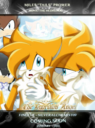 Size: 800x1083 | Tagged: safe, artist:silveralchemist09, miles "tails" prower, sonic the hedgehog, oc, fox, fanfic:the guardian angel, black bands, blue eyes, fluffy, frown, gloves, grown up, hair over one eye, lidded eyes, mouth open, poster, trio, white fur, white gloves, worried, yellow fur