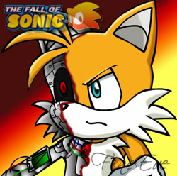 Size: 600x594 | Tagged: semi-grimdark, artist:silveralchemist09, miles "tails" prower, fox, alternate universe, angry, au:the fall of sonic, blood, blue eyes, cyborg, cyborg tails, every tail has two sides, evil, evil tails, frown, gradient background, looking offscreen, red eyes, roboticized, signature, white fur, wires
