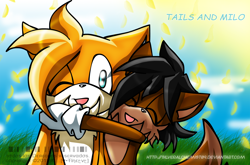 Size: 1500x988 | Tagged: safe, artist:silveralchemist09, miles "tails" prower, oc, oc:milo the fox, fox, blue eyes, brown fur, canon x oc, clouds, cute, duo, gay, gloves, grass, hair over one eye, happy, hugging, mouth open, shipping, sun, tailabetes, white fur, white gloves, wink, yellow fur