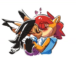 Size: 1988x1573 | Tagged: safe, artist:protosaru, nicole the hololynx, sally acorn, duo, hair over one eye, heart, holding hands, kiss, lesbian, nicole x sally, nicole's purple wraps, sally's vest and boots, shipping