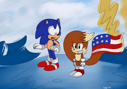 Size: 941x661 | Tagged: safe, artist:hypercat-z, miles "tails" prower, sonic the hedgehog, adventures of sonic the hedgehog, american flag, clenched teeth, country flag, duo, flag, meme, mouth open, raised eyebrow, redraw, salute