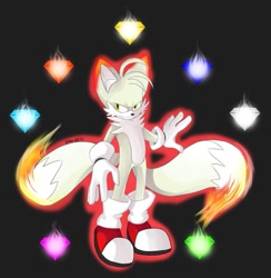 Size: 999x1024 | Tagged: safe, artist:fox bite, miles "tails" prower, super tails, alternate super form, angry, chaos emeralds, fire, looking offscreen, super form, yellow eyes