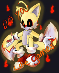 Size: 1280x1578 | Tagged: safe, artist:pagiepoppie12345, miles "tails" prower, super tails, oc, oc:super tails.exe, oc:tails.exe, black sclera, flames, flying, looking at viewer, one fang, red pupils, redraw, solo, spinning tails, super form