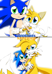 Size: 900x1284 | Tagged: safe, artist:animesonic2, miles "tails" prower, sonic the hedgehog, aged down, aged up, alternate universe, brothers, hair over one eye, holding them, looking at viewer, protecting, role swap, simple background, white background