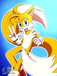 Size: 768x1024 | Tagged: safe, artist:animesonic2, miles "tails" prower, aged up, gradient background, hair over one eye, looking at viewer, mouth open, outline, solo, v sign