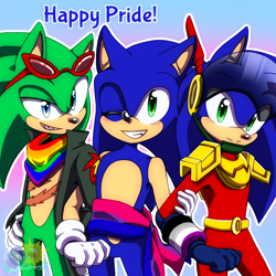 Size: 768x768 | Tagged: safe, artist:animesonic2, scourge the hedgehog, sonic the hedgehog, zonic the zone cop, hedgehog, asexual pride, bandana, bisexual pride, clenched teeth, gay pride, holding arm, jacket, looking at viewer, pride, scarf, trio, wink, wristband