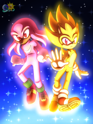Size: 768x1024 | Tagged: safe, artist:animesonic2, knuckles the echidna, sonic the hedgehog, super knuckles, super sonic, clenched fists, duo, fist, floating, flying, frown, looking at viewer, sparkle, star (sky), super form