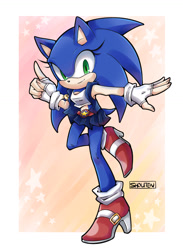 Size: 936x1281 | Tagged: safe, artist:shouten26, sonic the hedgehog, abstract background, belt, fingerless gloves, gender swap, heels, jacket, looking at viewer, pointing, ring, running, signature, skirt, smile