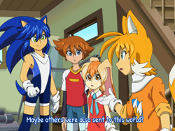 Size: 1024x768 | Tagged: safe, artist:animesonic2, chris thorndyke, cream the rabbit, miles "tails" prower, sonic the hedgehog, human, dialogue, fox ears, humanized, looking at each other, redraw, scarf, sonic x