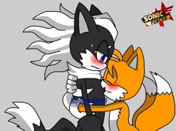 Size: 1280x959 | Tagged: safe, artist:maylovesakidah, infinite the jackal, miles "tails" prower, sonic forces, blushing, crack shipping, duo, gay, grey background, holding them, neck fluff, shipping, simple background, sweatdrop, tailfinite
