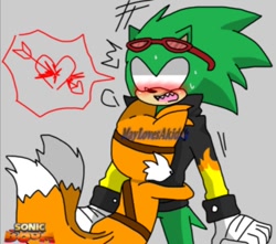 Size: 700x619 | Tagged: source needed, safe, artist:maylovesakidah, miles "tails" prower, scourge the hedgehog, belt, blushing, gay, goggles, hugging, scourails, shipping, shocked, sonic boom (tv), surprise hug, sweatdrop