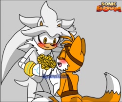 Size: 750x626 | Tagged: source needed, safe, artist:maylovesakidah, miles "tails" prower, silver the hedgehog, blushing, cute, flowers, gay, grey background, shipping, silvails, simple background, sonic boom (tv), tailabetes