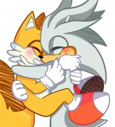Size: 1280x1419 | Tagged: safe, artist:xglitchy-tailsx, miles "tails" prower, silver the hedgehog, blushing, cute, duo, eyes closed, gay, holding them, hugging, shipping, silvabetes, silvails, tailabetes