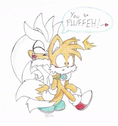 Size: 1469x1569 | Tagged: safe, artist:sonicsketch, miles "tails" prower, silver the hedgehog, blushing, cute, dialogue, fluffy, gay, heart, pencilwork, shrunken pupils, silvabetes, silvails, simple background, speech bubble, surprise hug, surprised, tailabetes, white background