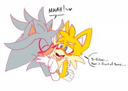 Size: 2048x1466 | Tagged: safe, artist:mild-mannered-fiend, miles "tails" prower, silver the hedgehog, blushing, cute, dialogue, gay, kiss, kiss on cheek, shipping, silvails, simple background, white background