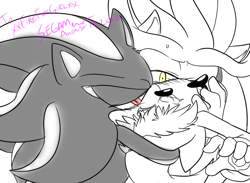 Size: 729x535 | Tagged: suggestive, artist:segamew, shadow the hedgehog, silver the hedgehog, bedroom eyes, blushing, fluffy, forced, gay, holding them, kiss, lidded eyes, red pupils, shadow x silver, shipping, sweatdrop