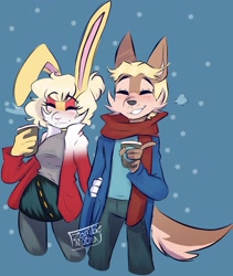 Size: 1640x1941 | Tagged: safe, artist:zombiemocha, antoine d'coolette, bunnie rabbot, buntoine, coffee, shipping, snow, straight, winter outfit