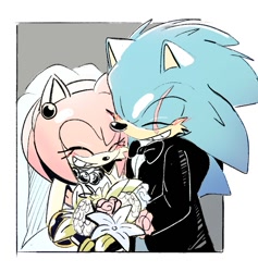Size: 1063x1121 | Tagged: safe, artist:chinchila010, amy rose, sonic the hedgehog, amy x sonic, eyes closed, flower, scarred, shipping, straight, tuxedo, wedding dress